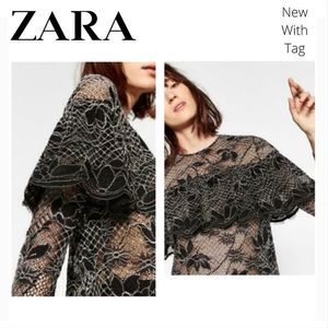 ZARA WOMAN NWT Small Floral lace sheer Ruffle frill top caplette blouse
